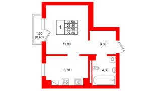 Квартира в ЖК Виридиан, 1 комнатная, 26.9 м², 3 этаж