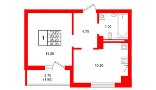 Квартира в ЖК Виридиан, 1 комнатная, 35.2 м², 3 этаж