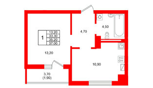 Квартира в ЖК Виридиан, 1 комнатная, 35.2 м², 4 этаж