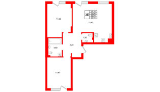 Квартира в ЖК Виридиан, 2 комнатная, 65.9 м², 1 этаж