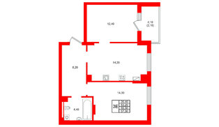 Квартира в ЖК Виридиан, 2 комнатная, 55.3 м², 4 этаж