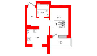 Квартира в ЖК Виридиан, 1 комнатная, 31.5 м², 2 этаж