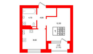 Квартира в ЖК Виридиан, 1 комнатная, 31.7 м², 2 этаж
