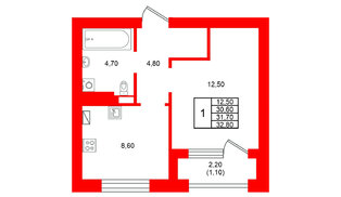 Квартира в ЖК Виридиан, 1 комнатная, 31.7 м², 3 этаж