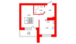 Квартира в ЖК Виридиан, 1 комнатная, 30.9 м², 2 этаж