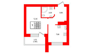 Квартира в ЖК Виридиан, 1 комнатная, 30.9 м², 3 этаж