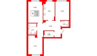 Квартира в ЖК Виридиан, 3 комнатная, 72.9 м², 1 этаж