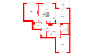 Квартира в ЖК Виридиан, 3 комнатная, 76.9 м², 4 этаж