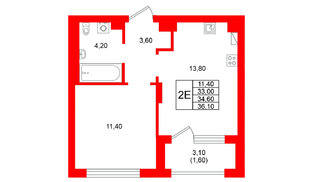 Квартира в ЖК Виридиан, 1 комнатная, 34.6 м², 3 этаж