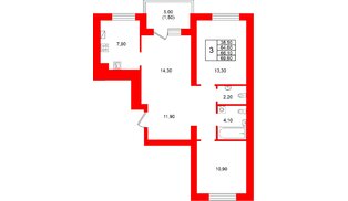 Квартира в ЖК Виридиан, 3 комнатная, 66.1 м², 2 этаж