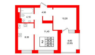 Квартира в ЖК Виридиан, 2 комнатная, 40.9 м², 2 этаж