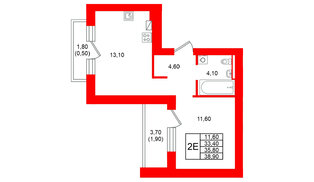 Квартира в ЖК Виридиан, 1 комнатная, 35.8 м², 2 этаж
