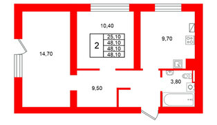 Квартира в ЖК Виридиан, 2 комнатная, 48.1 м², 1 этаж