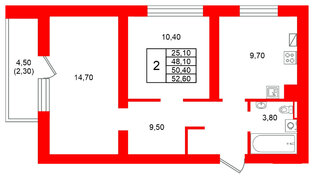 Квартира в ЖК Виридиан, 2 комнатная, 50.4 м², 2 этаж