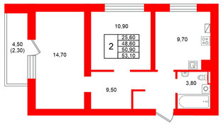 Квартира в ЖК Виридиан, 2 комнатная, 50.9 м², 3 этаж