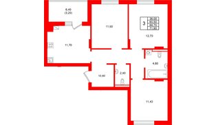 Квартира в ЖК Виридиан, 3 комнатная, 68.7 м², 1 этаж