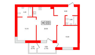Квартира в ЖК Морена, 2 комнатная, 65.8 м², 2 этаж