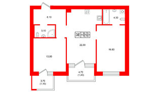 Квартира в ЖК Морена, 2 комнатная, 70.7 м², 3 этаж
