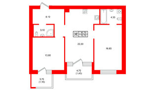 Квартира в ЖК Морена, 2 комнатная, 70.7 м², 5 этаж