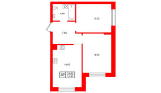 Квартира в ЖК Морена, 2 комнатная, 51.8 м², 1 этаж