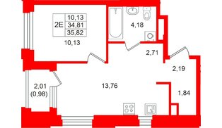 Квартира в ЖК GloraX Кольский, 1 комнатная, 35.82 м², 10 этаж
