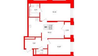 Квартира в ЖК GloraX Кольский, 2 комнатная, 62.81 м², 3 этаж