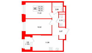 Квартира в ЖК GloraX Кольский, 2 комнатная, 45.33 м², 7 этаж