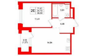 Квартира в ЖК GloraX Кольский, 1 комнатная, 36 м², 14 этаж