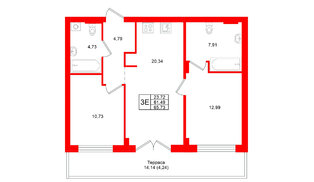 Квартира в ЖК «Включи», 2 комнатная, 65.73 м², 1 этаж