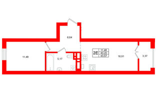 Квартира в ЖК «Включи», 1 комнатная, 43.57 м², 7 этаж