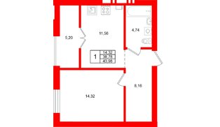 Квартира в ЖК «Включи», 1 комнатная, 43.98 м², 2 этаж