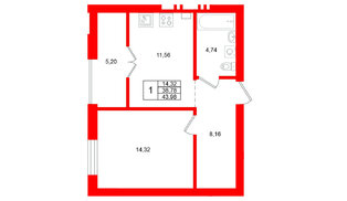Квартира в ЖК «Включи», 1 комнатная, 43.98 м², 3 этаж