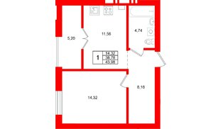 Квартира в ЖК «Включи», 1 комнатная, 43.98 м², 5 этаж