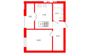 Квартира в ЖК «Включи», 1 комнатная, 43.98 м², 7 этаж