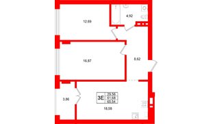 Квартира в ЖК «Включи», 2 комнатная, 65.54 м², 6 этаж