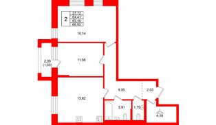 Квартира в ЖК Кольские огни, 2 комнатная, 65.46 м², 11 этаж