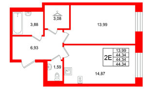 Квартира в ЖК Кольские огни, 1 комнатная, 44.34 м², 5 этаж