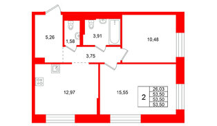 Квартира в ЖК Кольские огни, 2 комнатная, 53.5 м², 2 этаж
