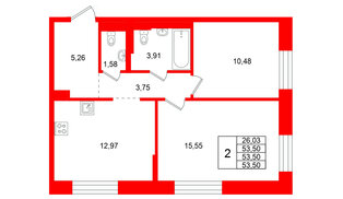 Квартира в ЖК Кольские огни, 2 комнатная, 53.5 м², 6 этаж