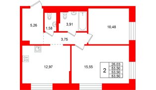 Квартира в ЖК Кольские огни, 2 комнатная, 53.5 м², 9 этаж