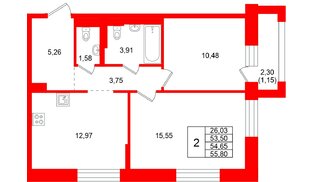 Квартира в ЖК Кольские огни, 2 комнатная, 54.65 м², 11 этаж