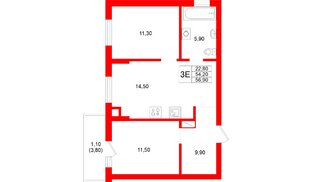 Квартира в ЖК Луччи, 2 комнатная, 56.9 м², 2 этаж