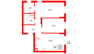Квартира в ЖК Луччи, 2 комнатная, 73.3 м², 4 этаж