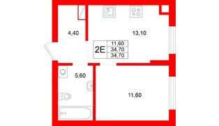 Квартира в ЖК Луччи, 1 комнатная, 34.7 м², 1 этаж