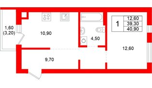Квартира в ЖК Луччи, 1 комнатная, 40.9 м², 2 этаж