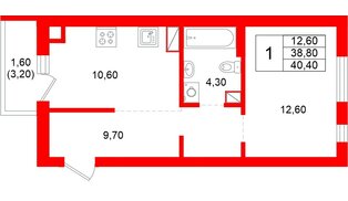 Квартира в ЖК Луччи, 1 комнатная, 40.4 м², 5 этаж