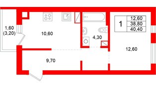 Квартира в ЖК Луччи, 1 комнатная, 40.4 м², 6 этаж