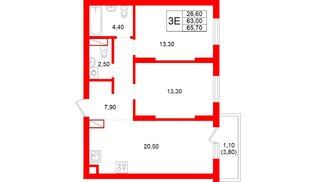 Квартира в ЖК Луччи, 2 комнатная, 65.7 м², 2 этаж