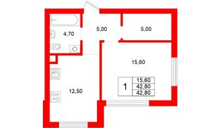 Квартира в ЖК Луччи, 1 комнатная, 42.8 м², 1 этаж