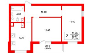 Квартира в ЖК Луччи, 2 комнатная, 63.1 м², 2 этаж
